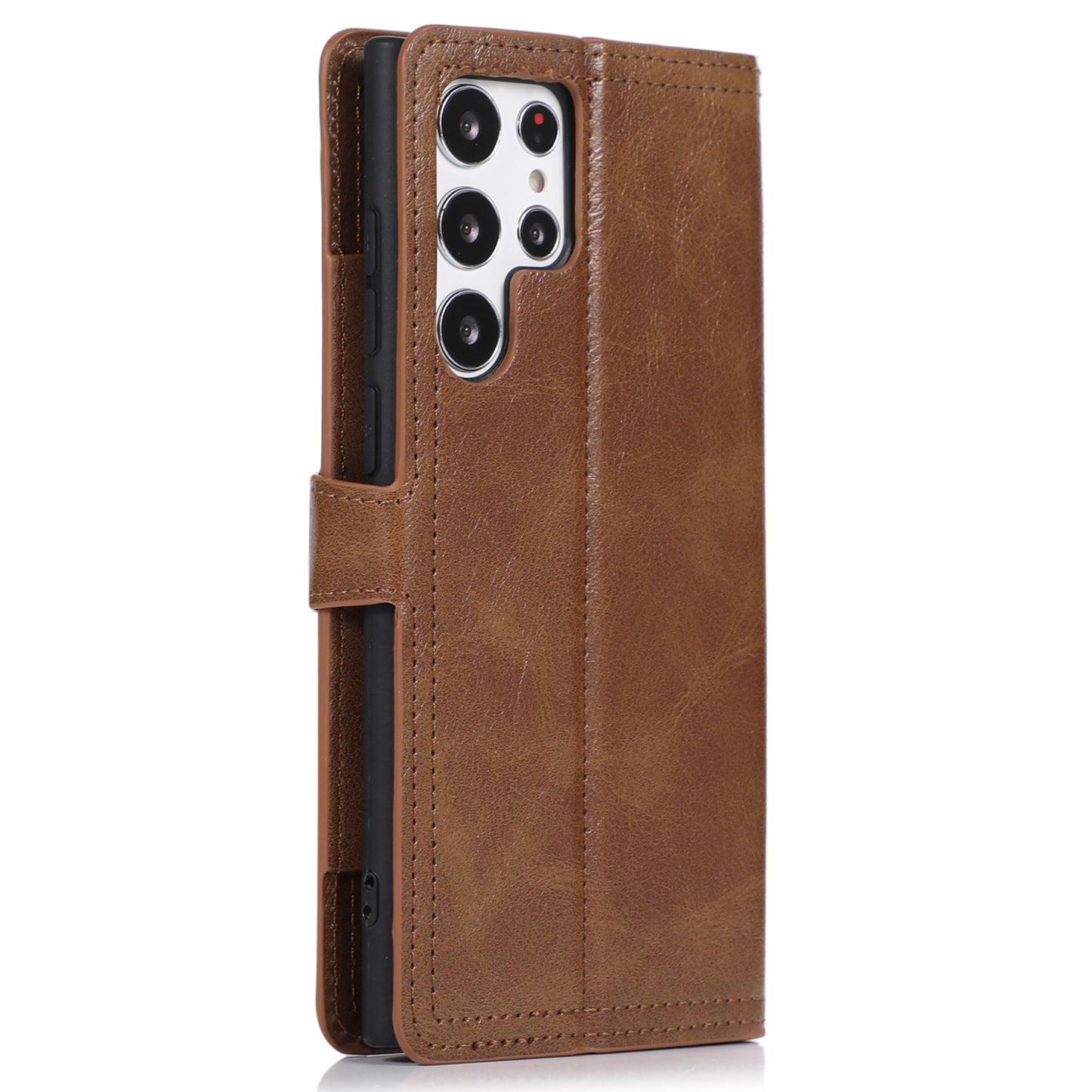 For Samsung Galaxy S24 Ultra Case Zipper Pocket PU Leather Wallet Stand Phone Cover - Brown