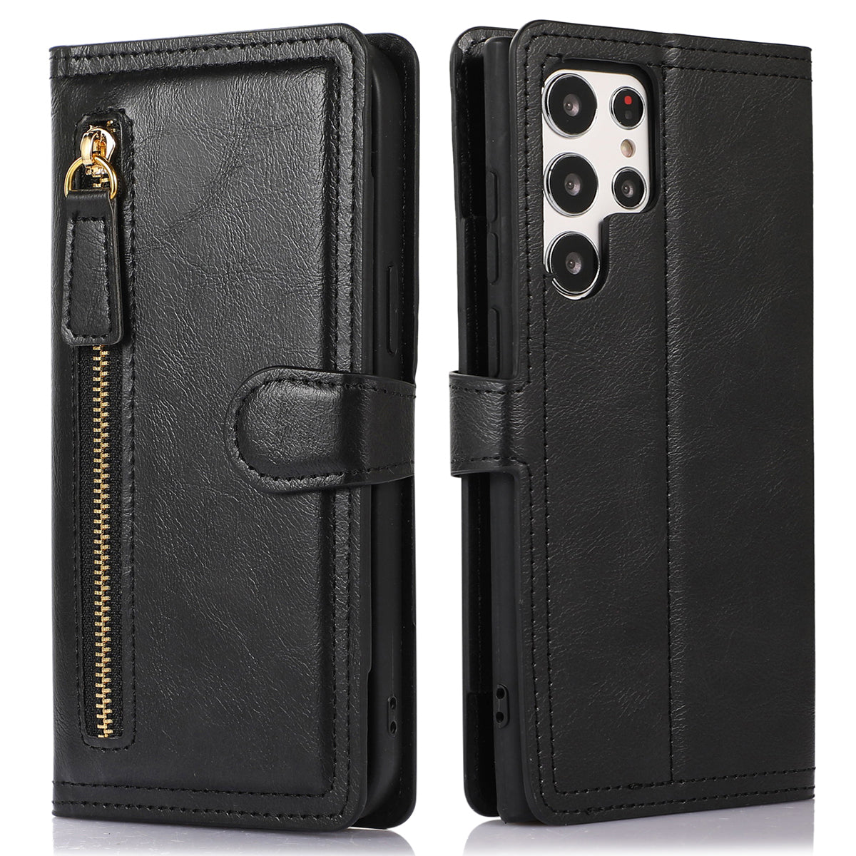 For Samsung Galaxy S24 Ultra Case Zipper Pocket PU Leather Wallet Stand Phone Cover - Black
