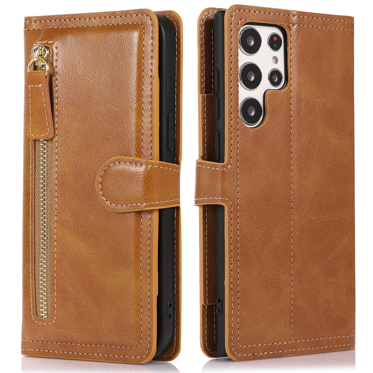 For Samsung Galaxy S24 Ultra Case Zipper Pocket PU Leather Wallet Stand Phone Cover - Orange