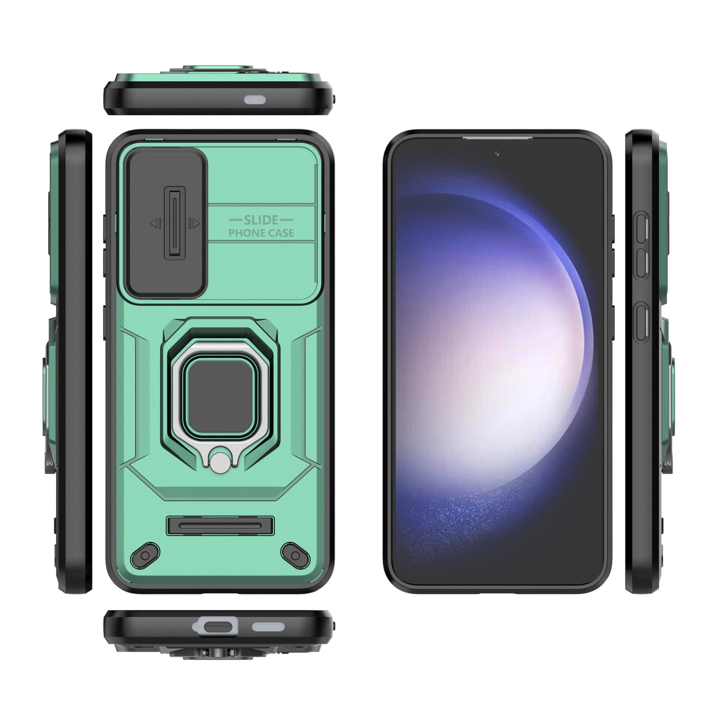For Samsung Galaxy S24+ Case Anti-fall PC+TPU Kickstand Cover with Slide Lens Protection - Green