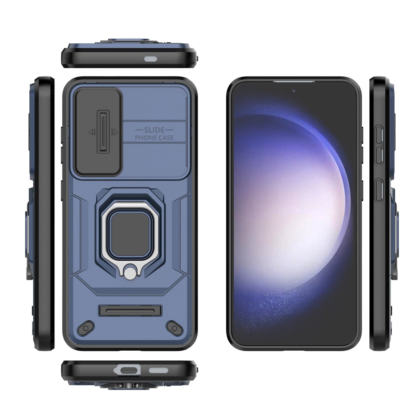 For Samsung Galaxy S24+ Case Anti-fall PC+TPU Kickstand Cover with Slide Lens Protection - Blue