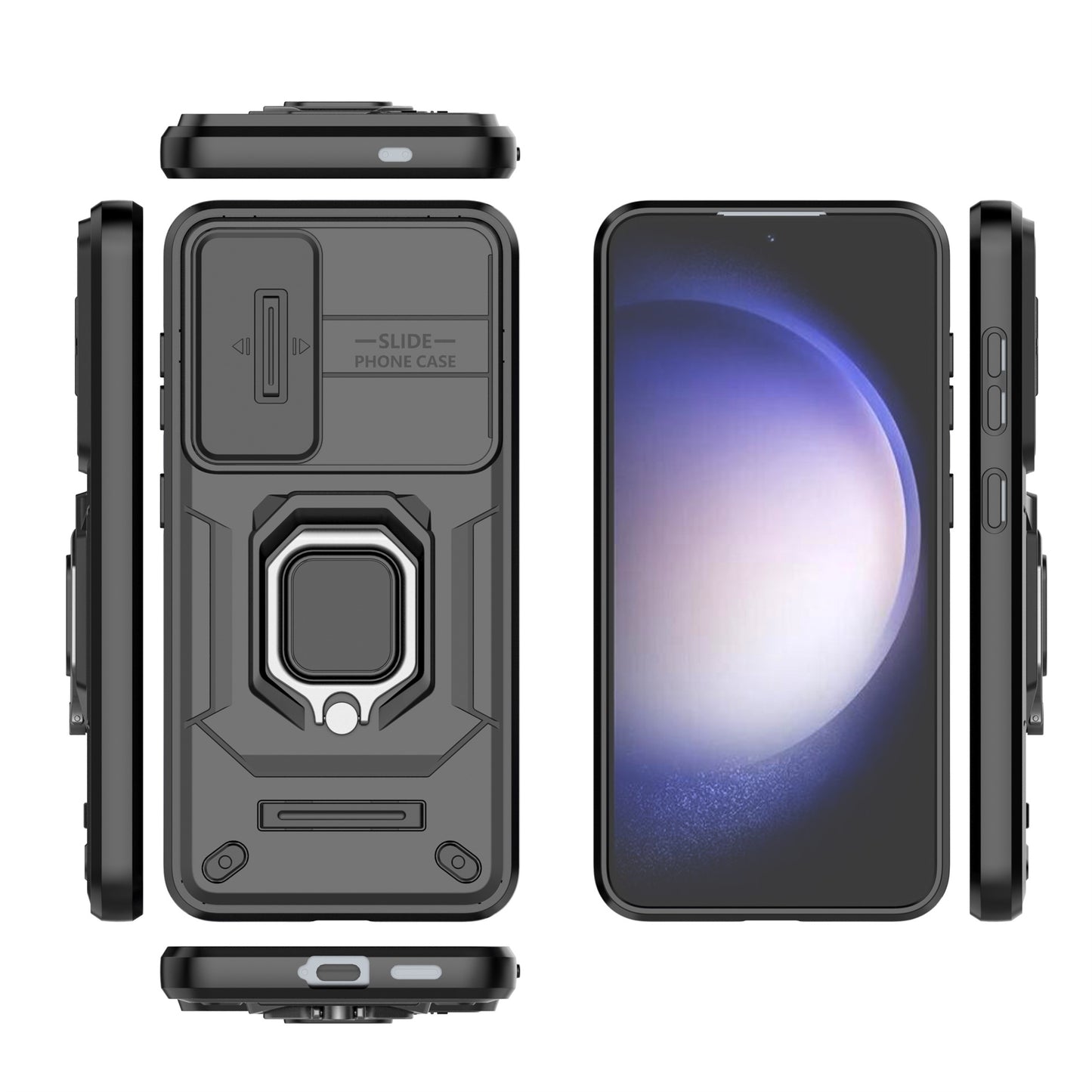 For Samsung Galaxy S24 Case Shockproof PC + TPU Slide Lens Kickstand Phone Cover - Black