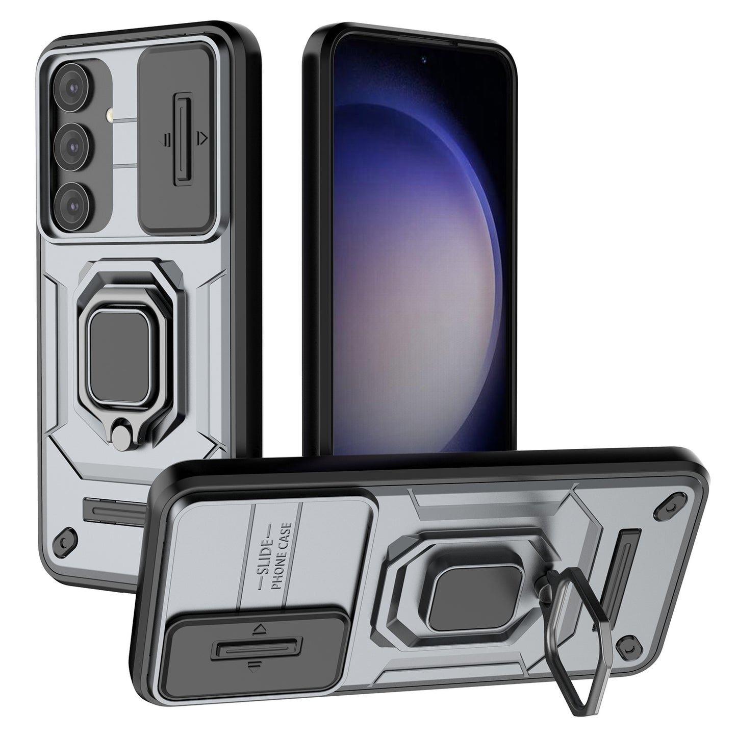For Samsung Galaxy S24 Case Shockproof PC + TPU Slide Lens Kickstand Phone Cover - Grey