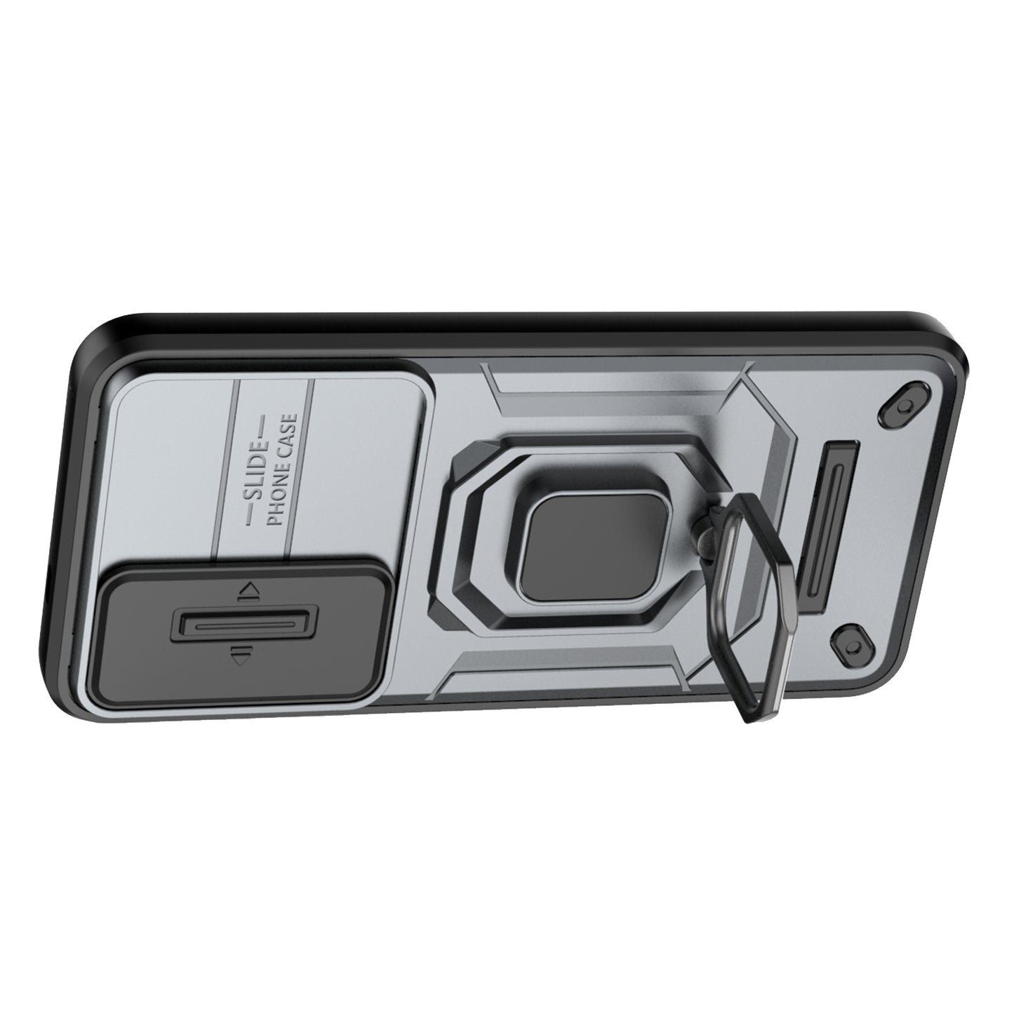 For Samsung Galaxy S24 Case Shockproof PC + TPU Slide Lens Kickstand Phone Cover - Grey