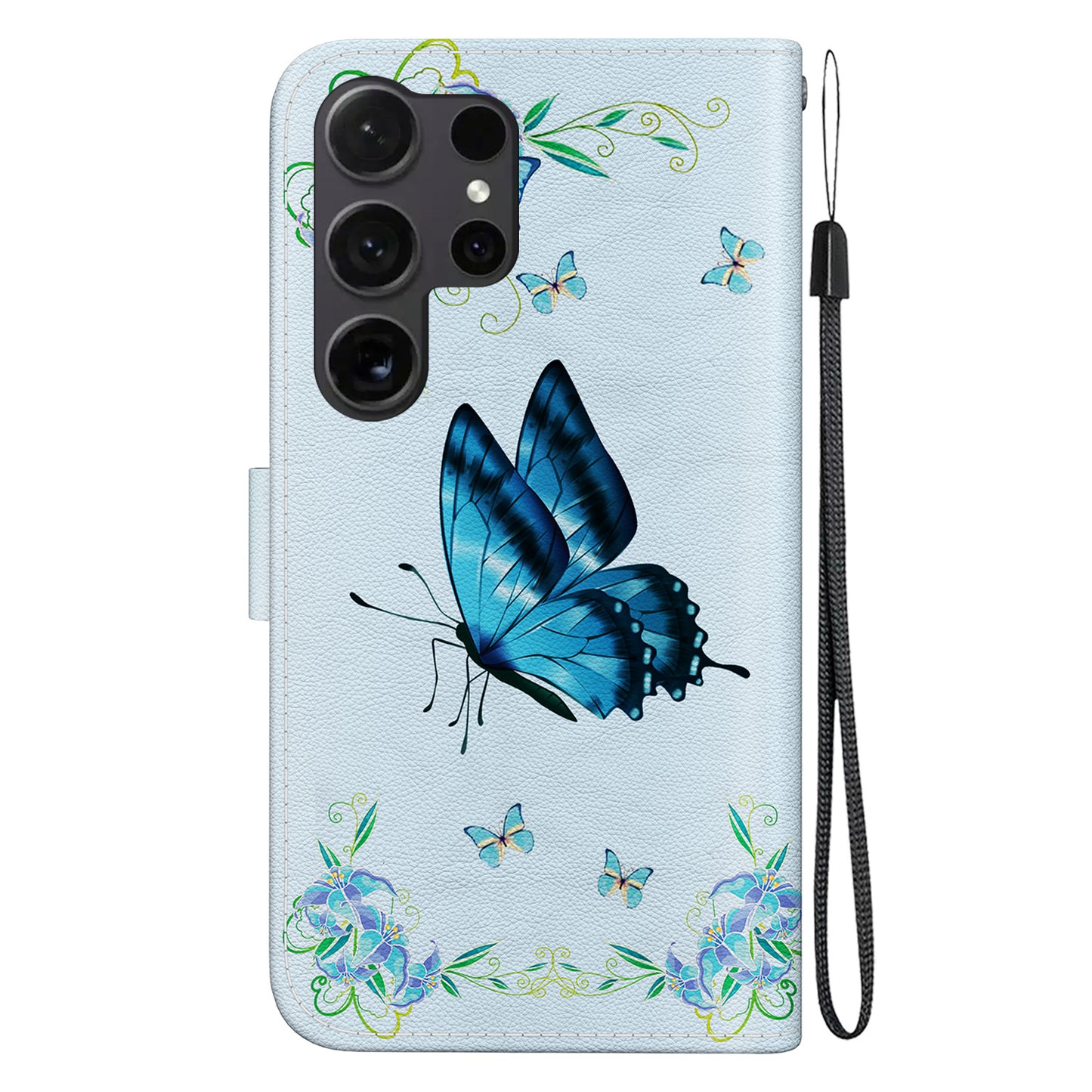 For Samsung Galaxy S24 Ultra Case PU Leather 3D Pattern Flip Phone Cover - Blue Butterfly Flower