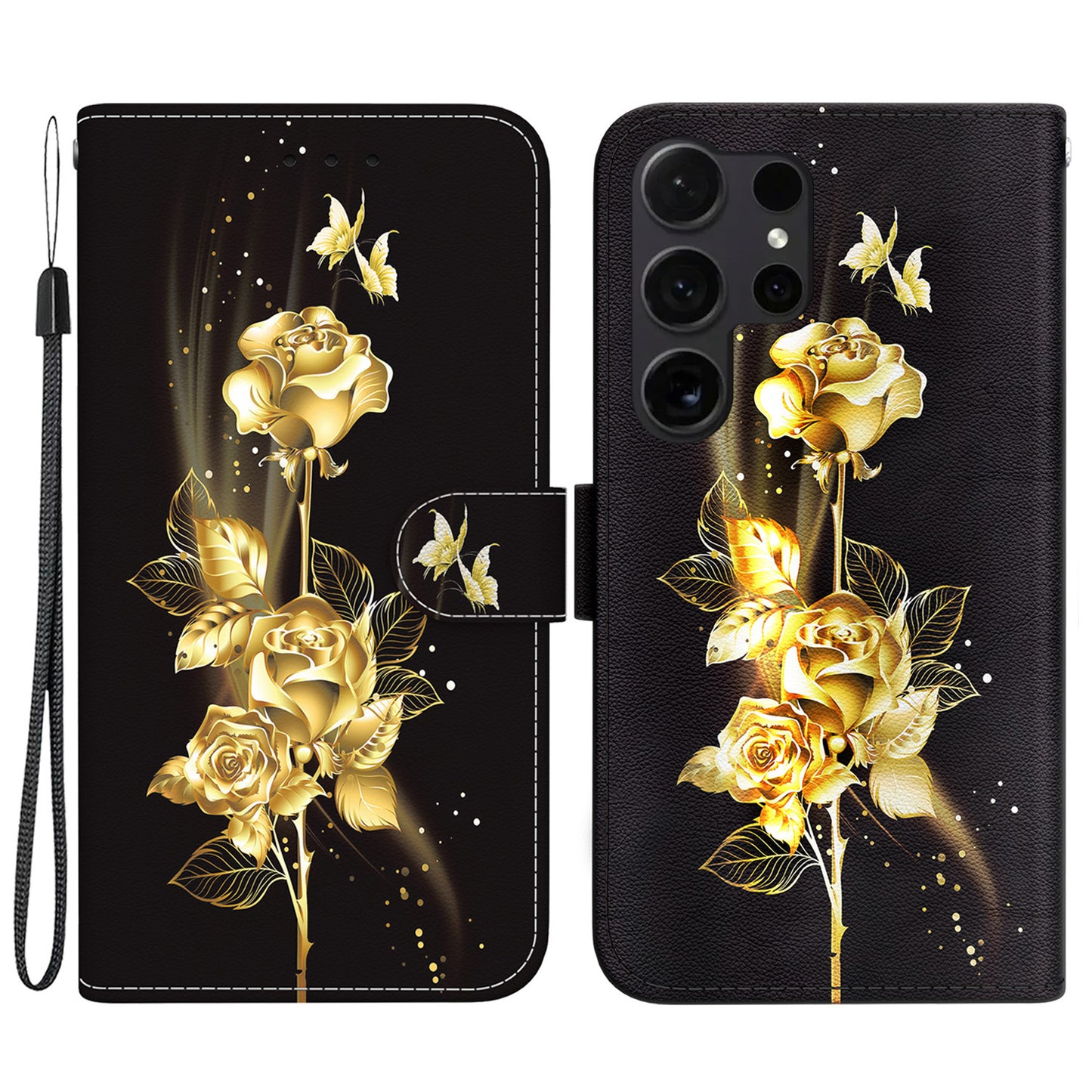 For Samsung Galaxy S24 Ultra Case PU Leather 3D Pattern Flip Phone Cover - Gold Butterfly Rose