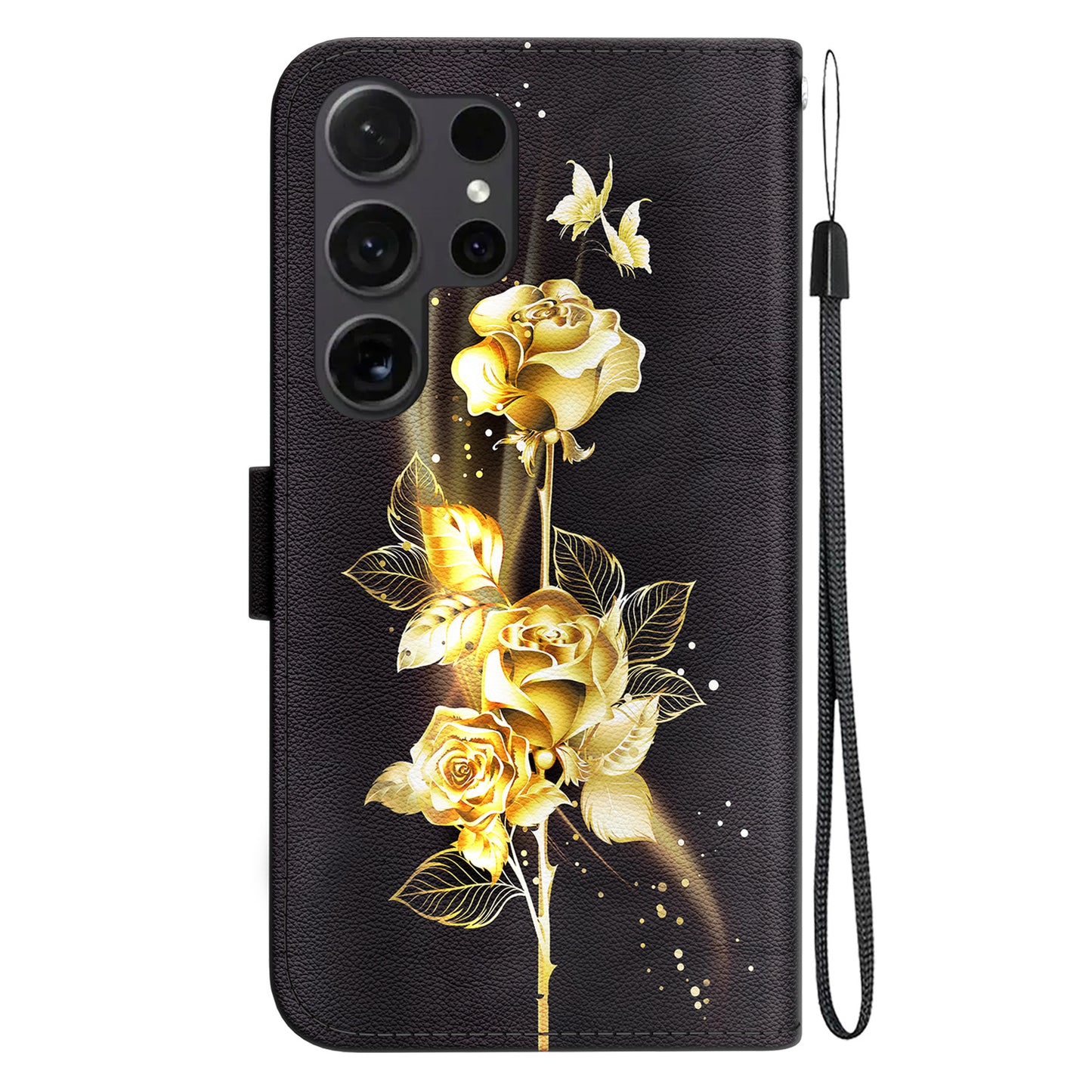 For Samsung Galaxy S24 Ultra Case PU Leather 3D Pattern Flip Phone Cover - Gold Butterfly Rose