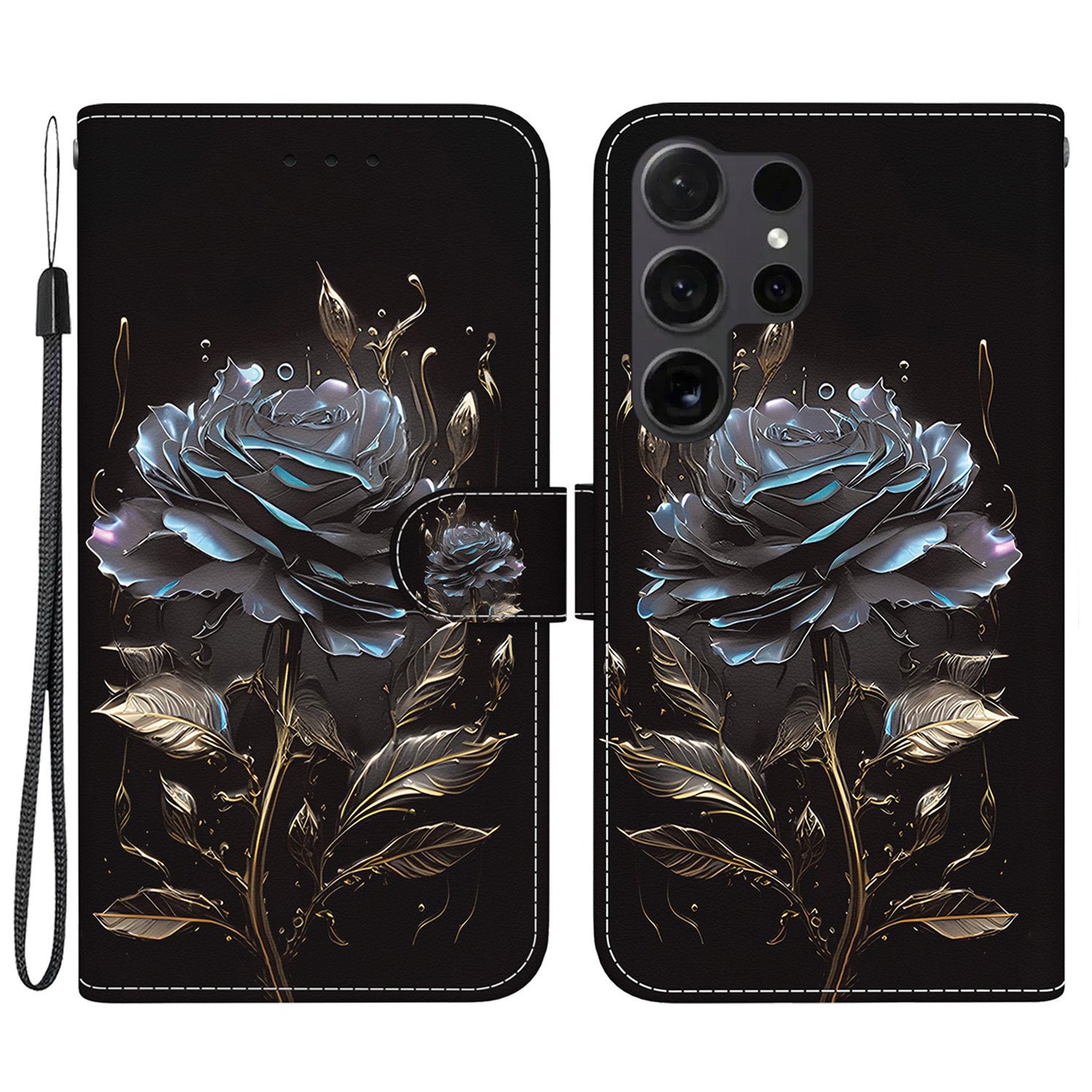 For Samsung Galaxy S24 Ultra Case PU Leather 3D Pattern Flip Phone Cover - Black Ro