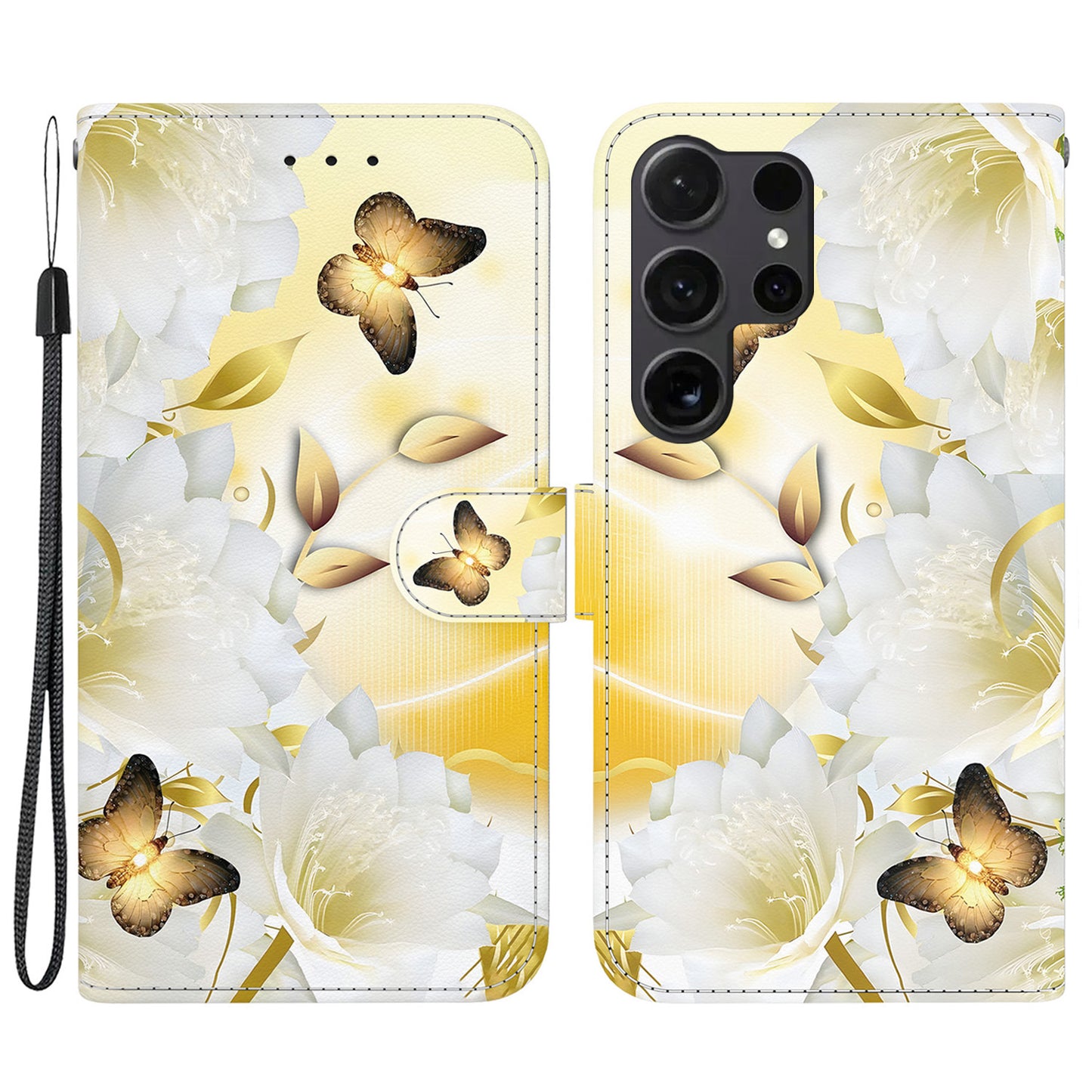 For Samsung Galaxy S24 Ultra Case PU Leather 3D Pattern Flip Phone Cover - Gold Butterfly Flower