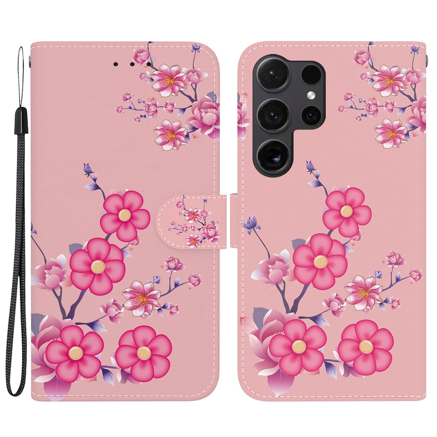 For Samsung Galaxy S24 Ultra Case PU Leather 3D Pattern Flip Phone Cover - Sakura