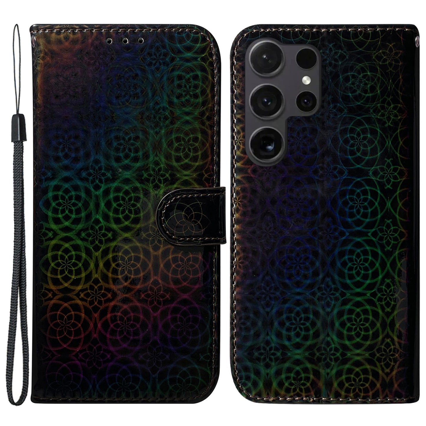 For Samsung Galaxy S24 Ultra Case Dazzling Flower Pattern Stand Cover with Wallet - Black