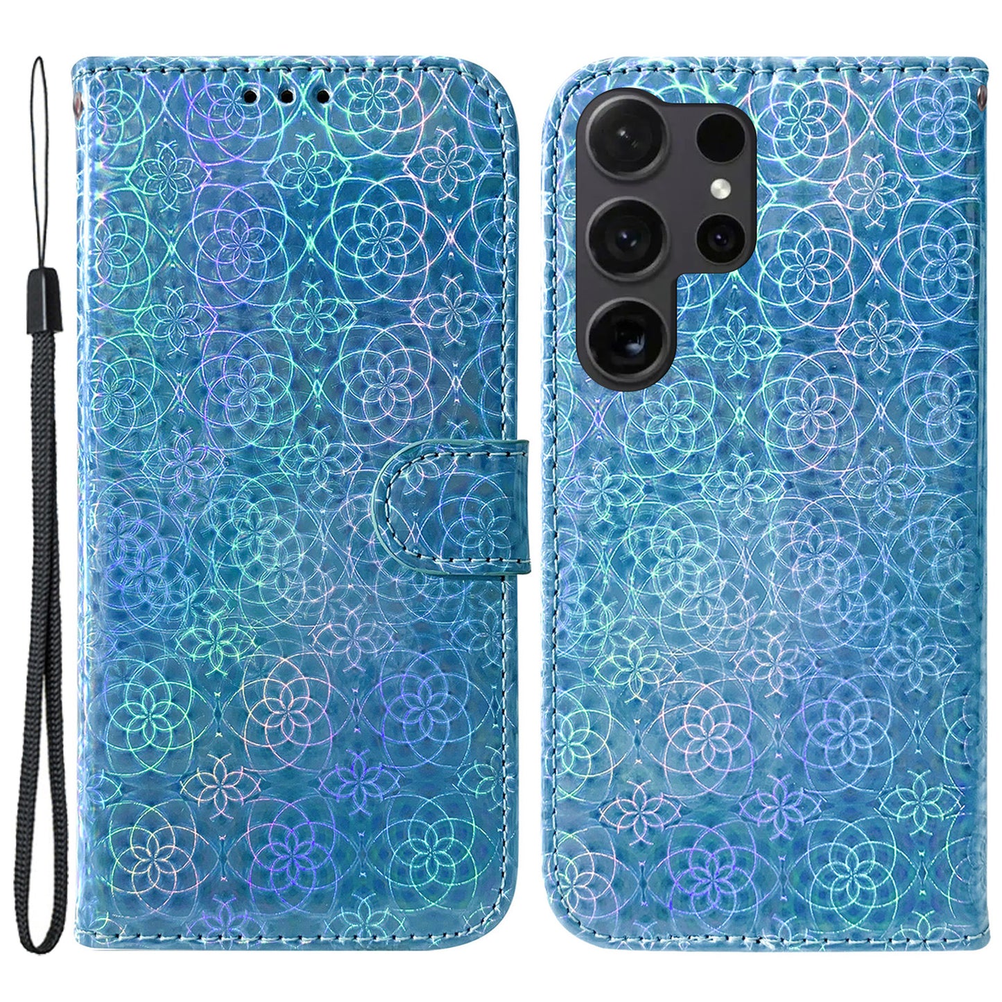For Samsung Galaxy S24 Ultra Case Dazzling Flower Pattern Stand Cover with Wallet - Blue
