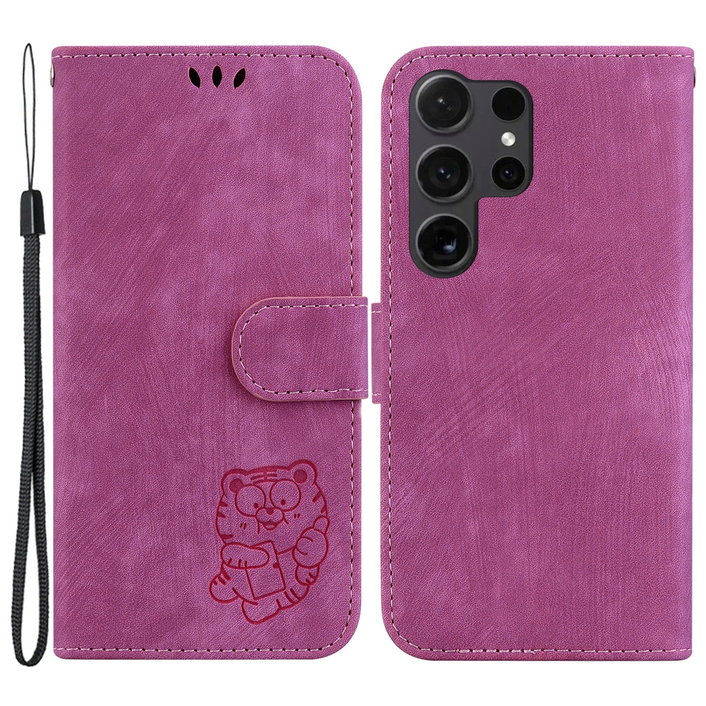 For Samsung Galaxy S24 Ultra Case Lovely Tiger Imprinted PU Leather Flip Cell Phone Cover - Rose