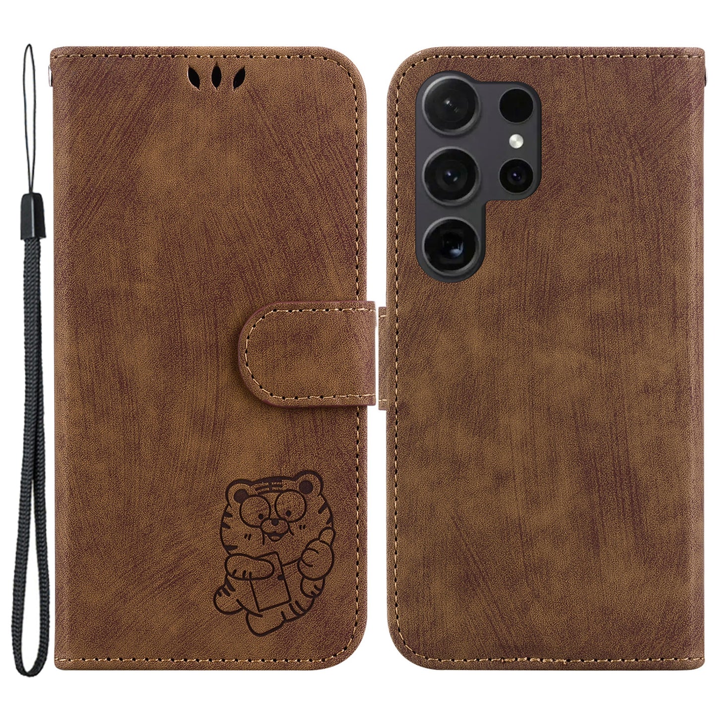 For Samsung Galaxy S24 Ultra Case Lovely Tiger Imprinted PU Leather Flip Cell Phone Cover - Brown