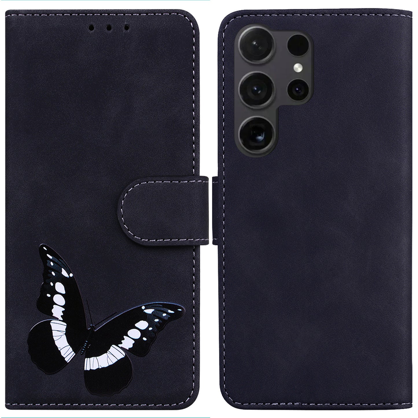 For Samsung Galaxy S24 Ultra Case Leather Butterfly Printing Wallet Phone Stand Cover - Black