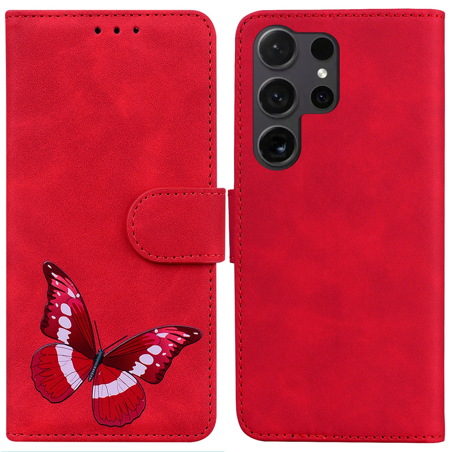 For Samsung Galaxy S24 Ultra Case Leather Butterfly Printing Wallet Phone Stand Cover - Red