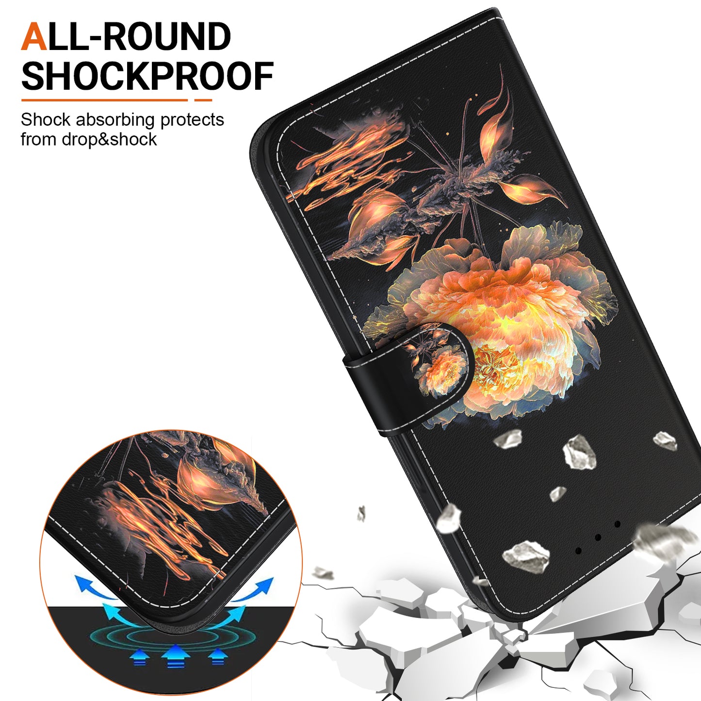 For Samsung Galaxy S24 Case Anti-Drop 3D Pattern PU Leather Phone Cover - Gold Peony