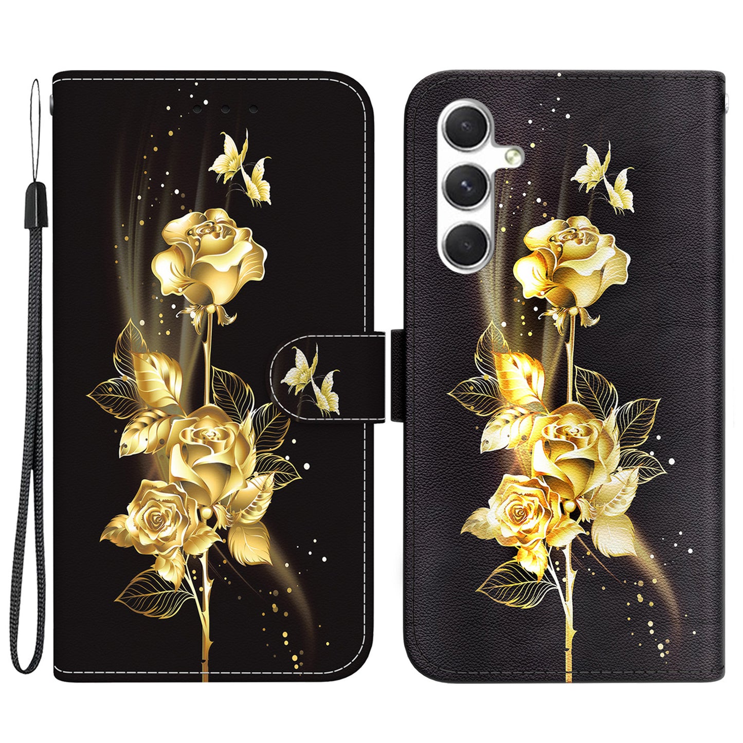 For Samsung Galaxy S24 Case Anti-Drop 3D Pattern PU Leather Phone Cover - Gold Butterfly Rose