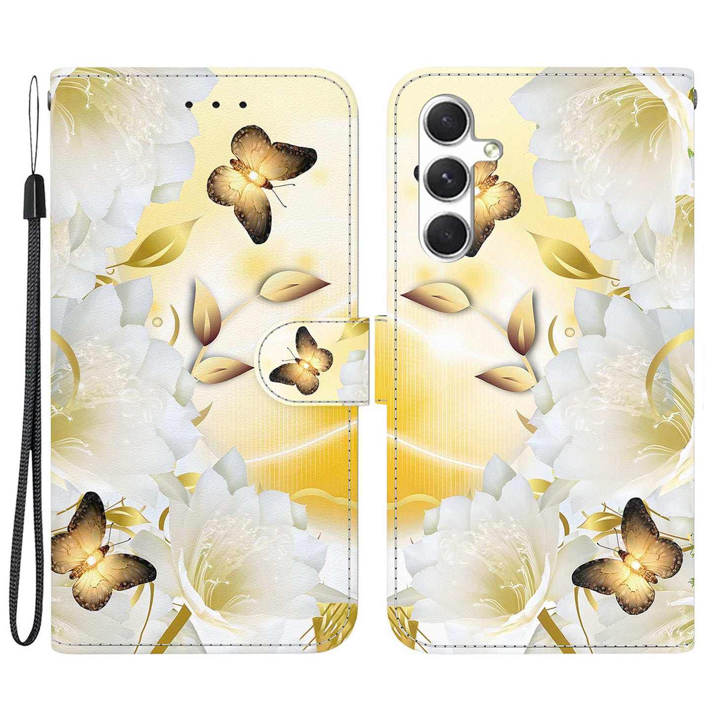 For Samsung Galaxy S24 Case Anti-Drop 3D Pattern PU Leather Phone Cover - Gold Butterfly Flower