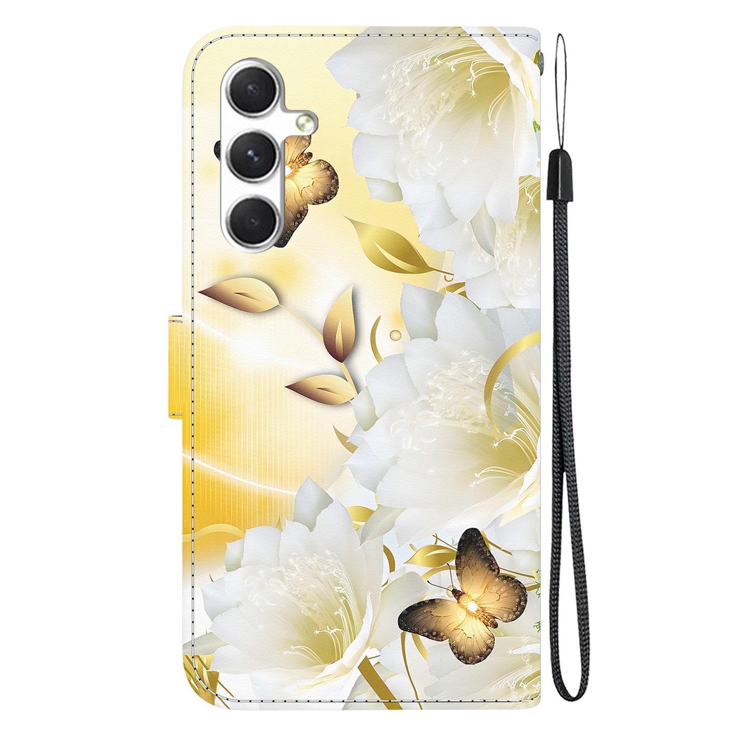 For Samsung Galaxy S24 Case Anti-Drop 3D Pattern PU Leather Phone Cover - Gold Butterfly Flower