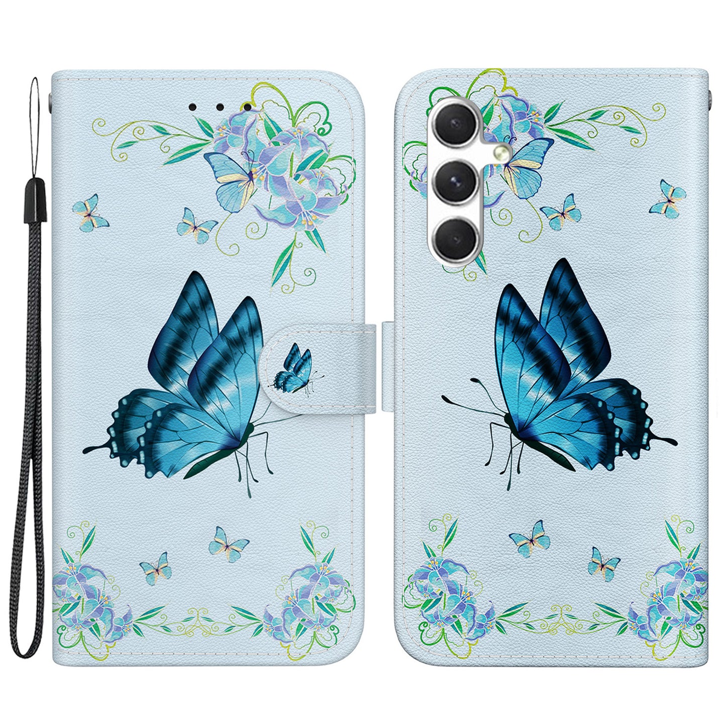 For Samsung Galaxy S24+ Case Pattern Printing PU Leather Flip Cover Shockproof Phone Case - Blue Butterfly Flower