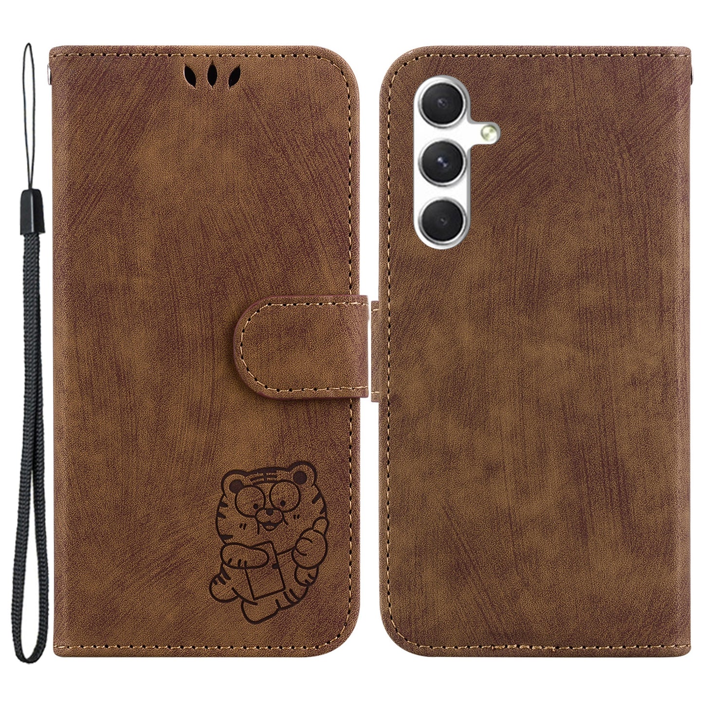 For Samsung Galaxy S24 Case Cell Phone Cover Lovely Tiger Imprint PU Leather Flip Design Wallet - Brown