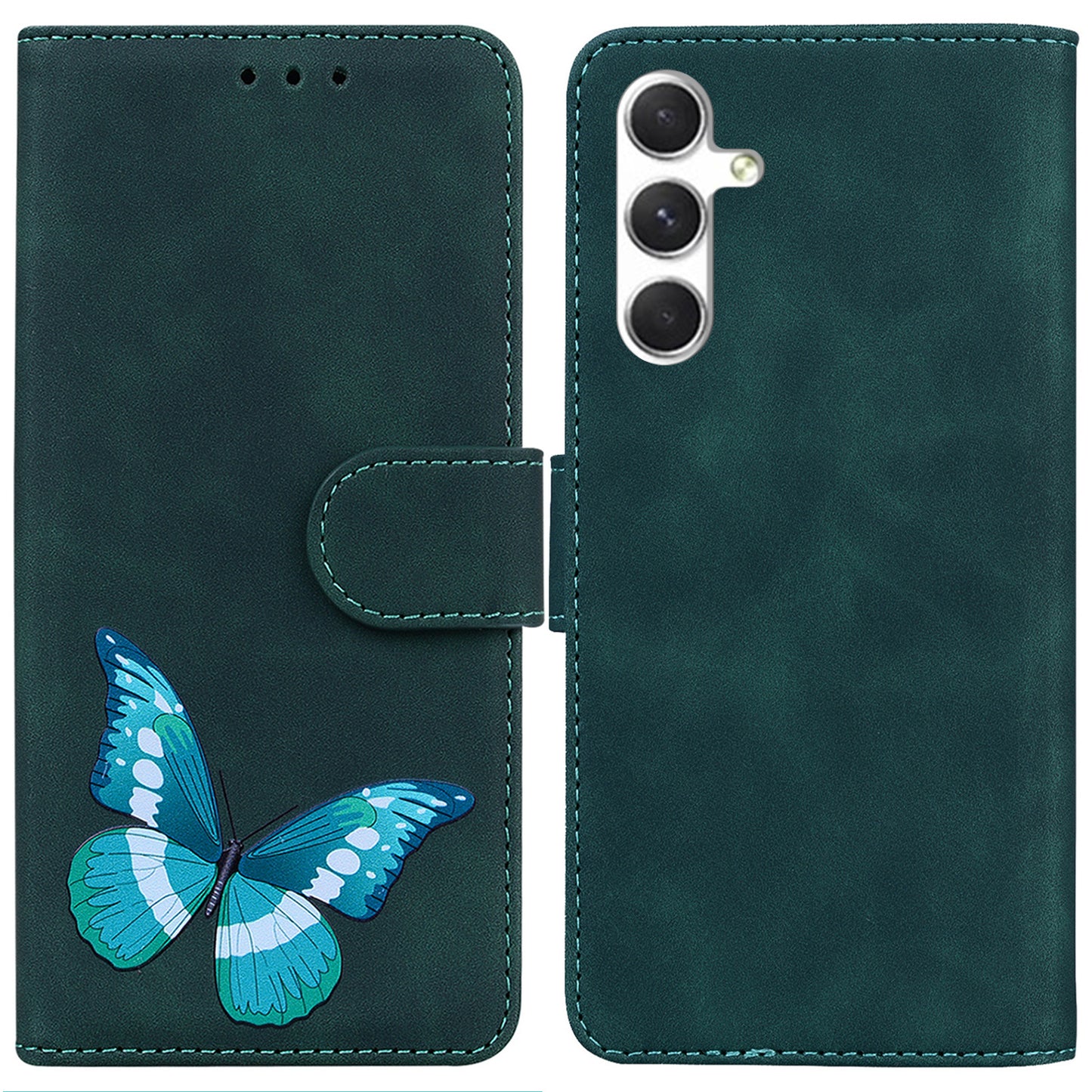 For Samsung Galaxy S24 Case Butterfly Printing Phone Cover Magnetic Clasp Leather Shell - Green