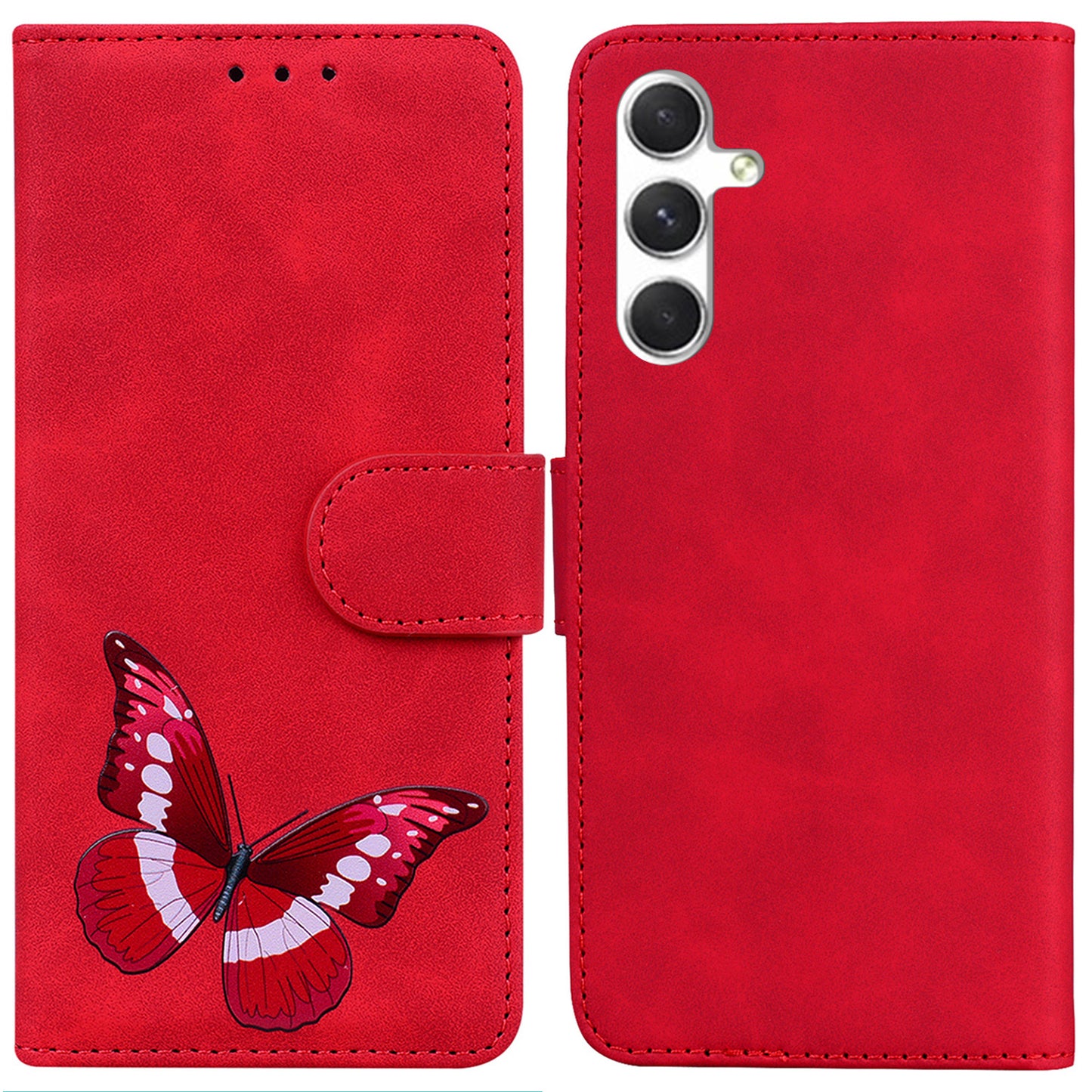 For Samsung Galaxy S24 Case Butterfly Printing Phone Cover Magnetic Clasp Leather Shell - Red