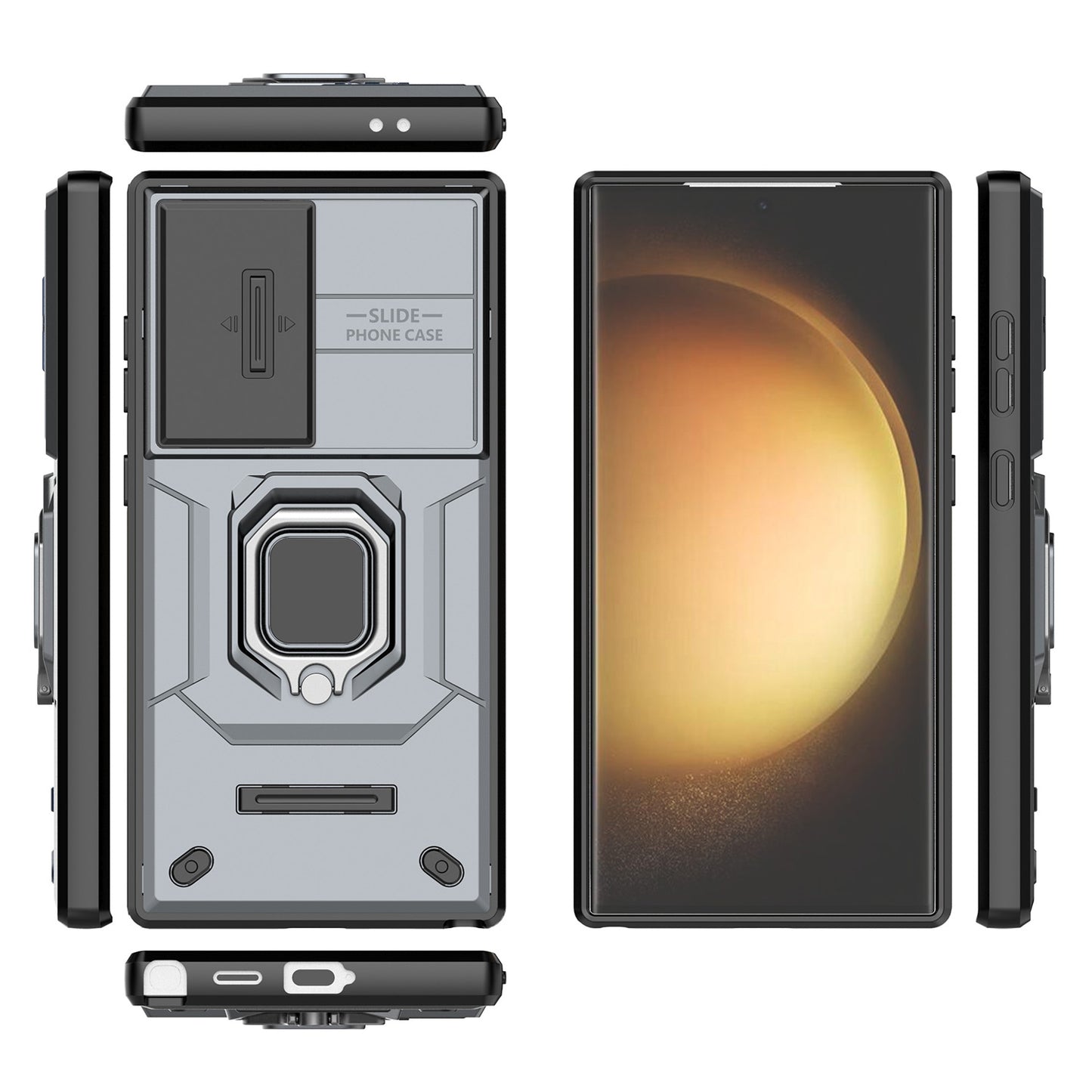 For Samsung Galaxy S24 Ultra Case Anti-Drop PC+TPU Kickstand Cover with Slide Lens Protection - Grey
