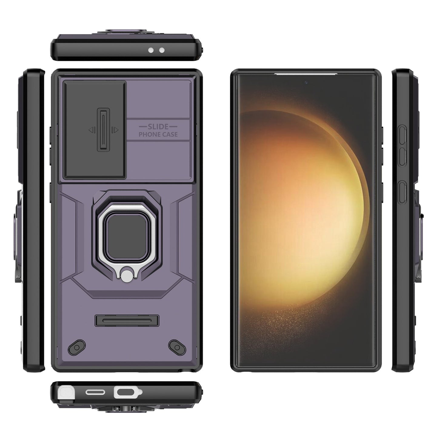 For Samsung Galaxy S24 Ultra Case Anti-Drop PC+TPU Kickstand Cover with Slide Lens Protection - Purple