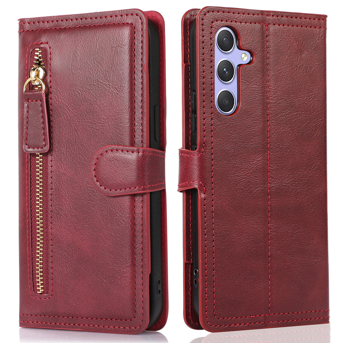 For Samsung Galaxy S24 Case Zipper Pocket PU Leather Viewing Stand Phone Cover - Red