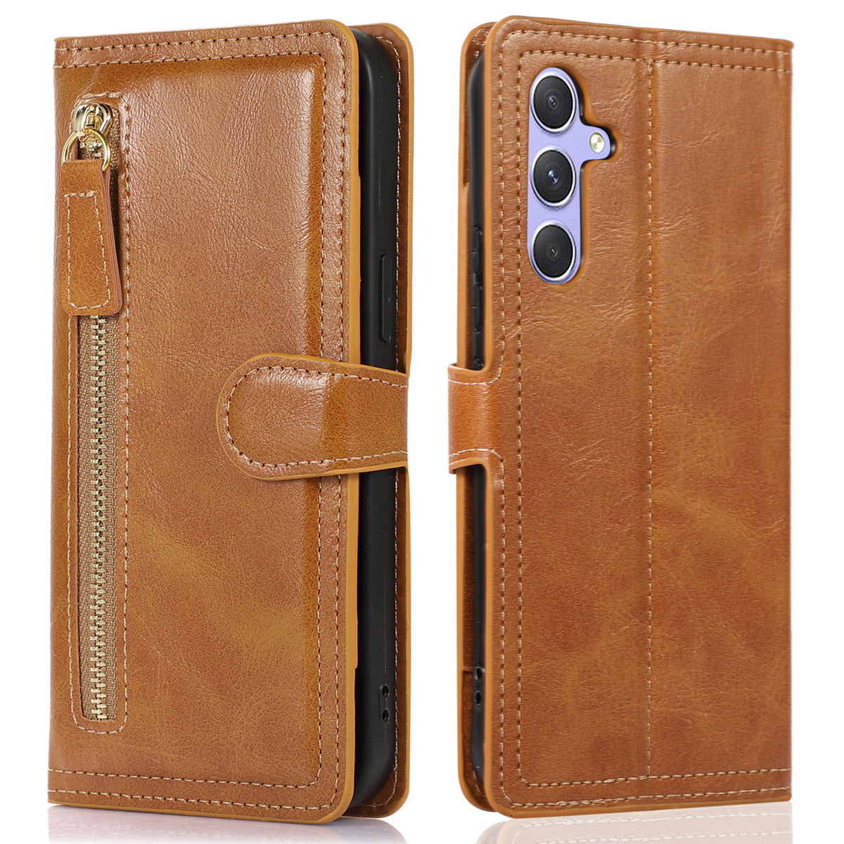 For Samsung Galaxy S24+ Case Zipper Pocket PU Leather Phone Cover with Wallet - Orange
