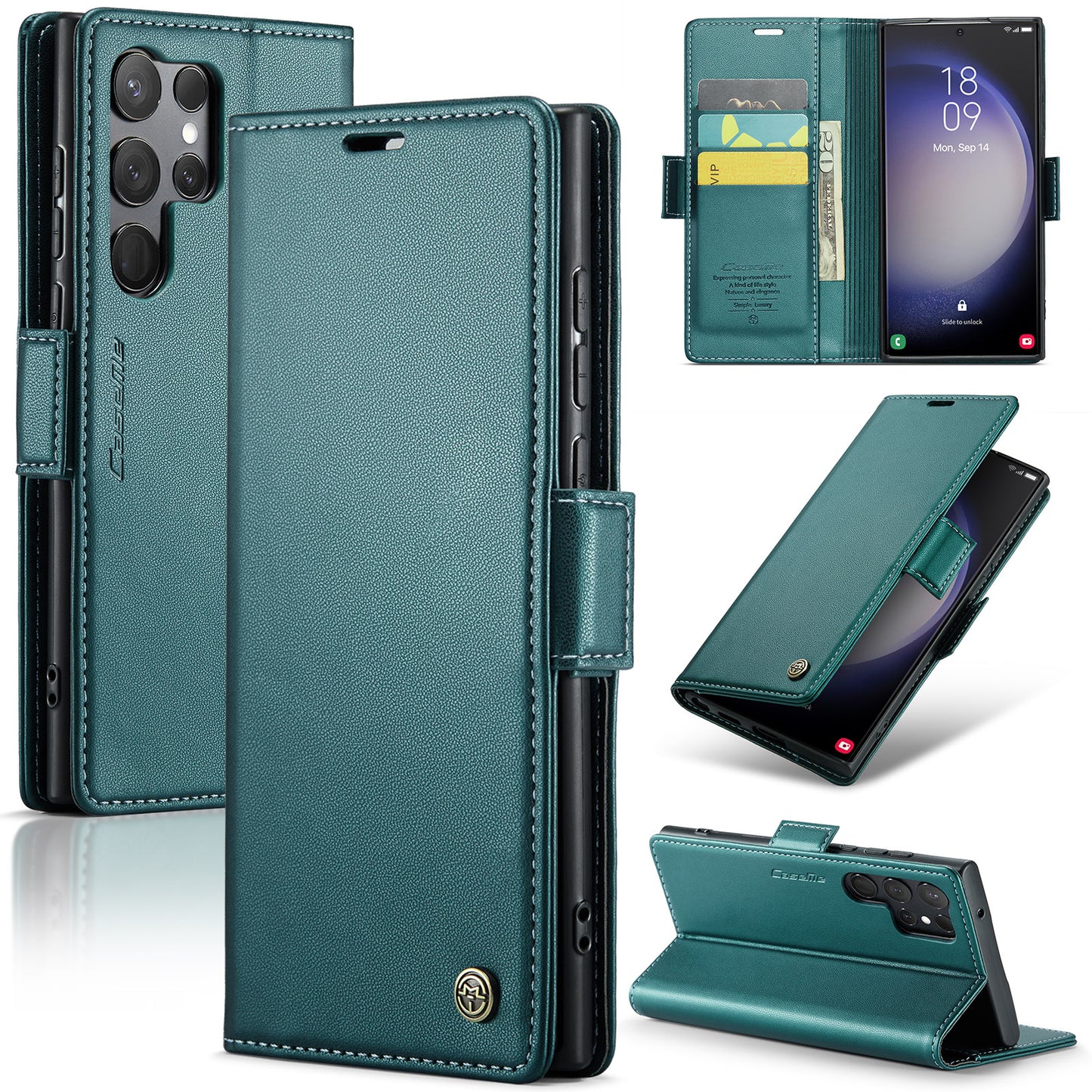 CASEME 023 Series For Samsung Galaxy S24 Ultra Case Glossy Litchi Texture Stand Phone Cover - Green