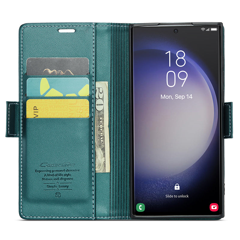 CASEME 023 Series For Samsung Galaxy S24 Ultra Case Glossy Litchi Texture Stand Phone Cover - Green