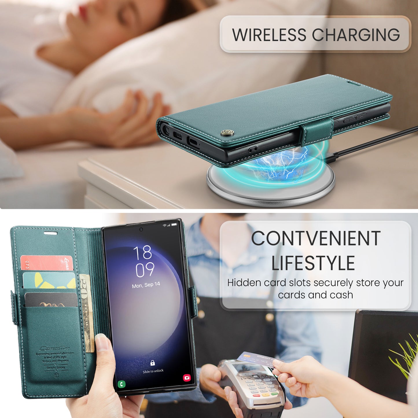 CASEME 023 Series For Samsung Galaxy S24 Ultra Case Glossy Litchi Texture Stand Phone Cover - Green