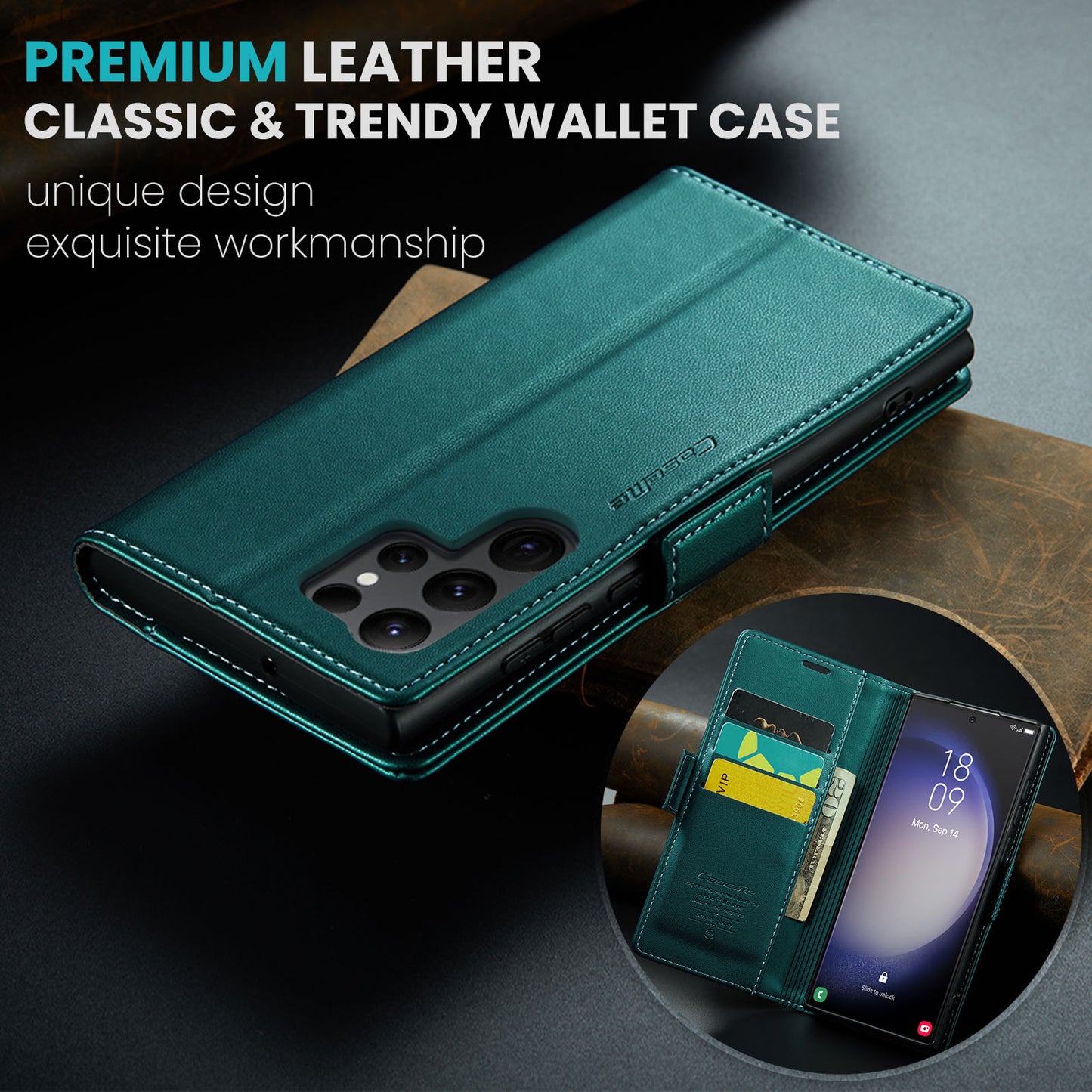 CASEME 023 Series For Samsung Galaxy S24 Ultra Case Glossy Litchi Texture Stand Phone Cover - Green