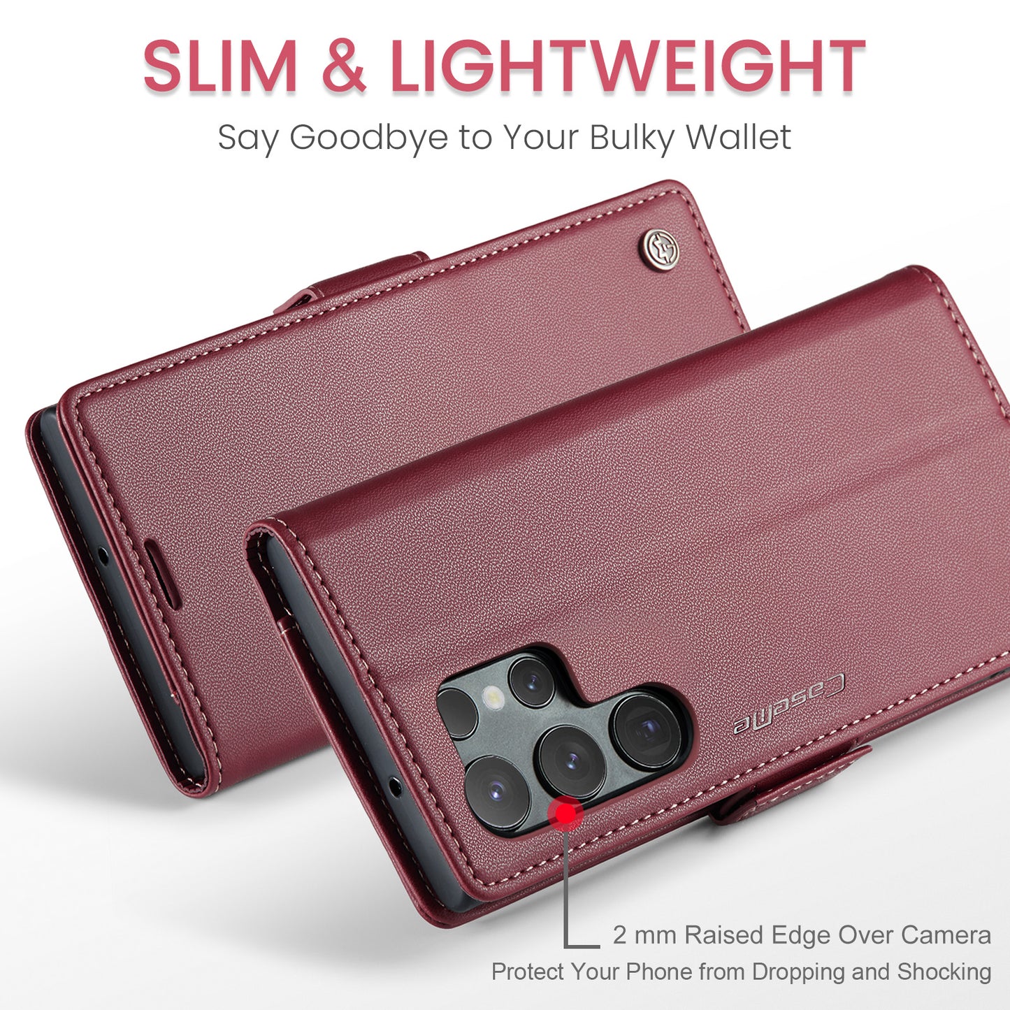 CASEME 023 Series For Samsung Galaxy S24 Ultra Case Glossy Litchi Texture Stand Phone Cover - Red