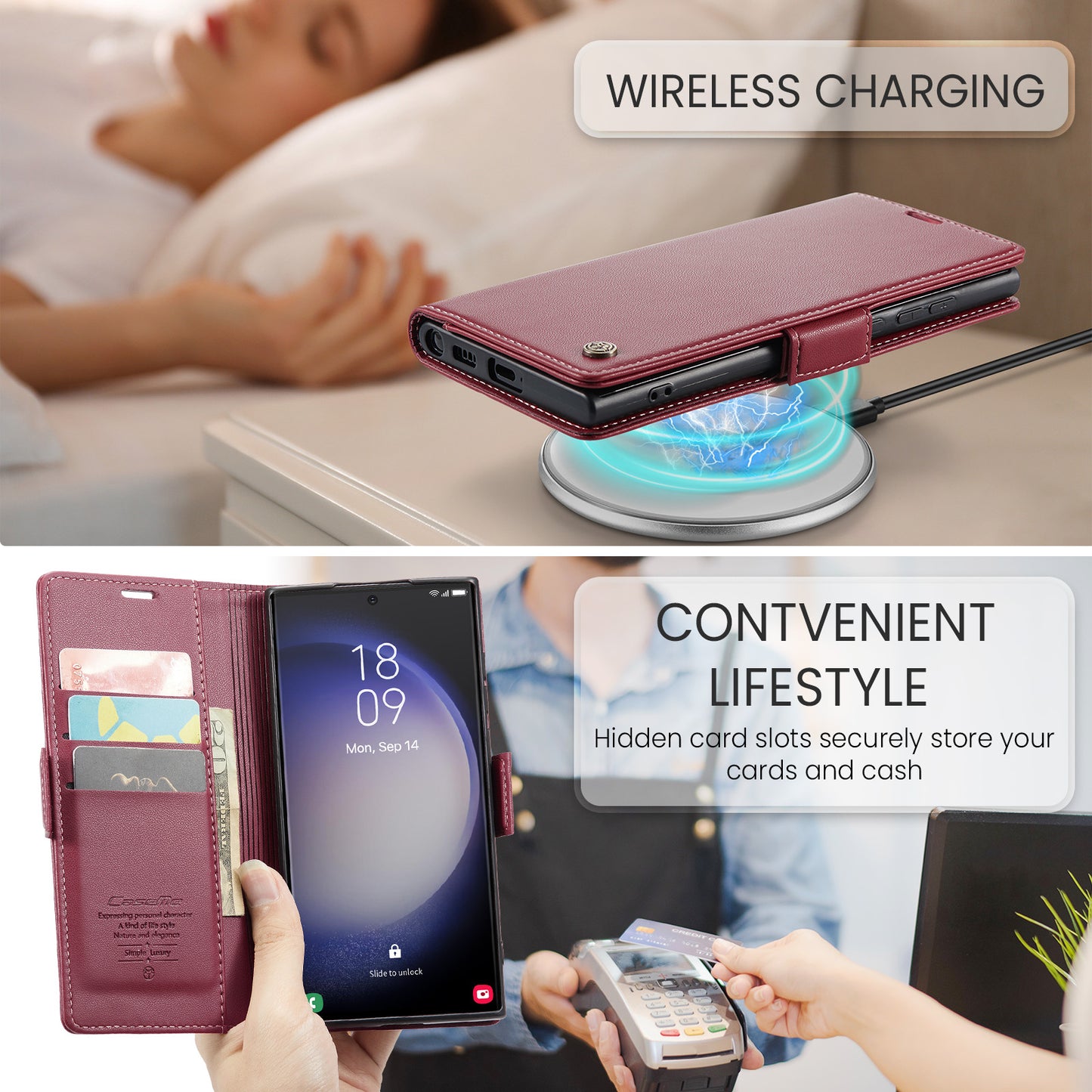 CASEME 023 Series For Samsung Galaxy S24 Ultra Case Glossy Litchi Texture Stand Phone Cover - Red