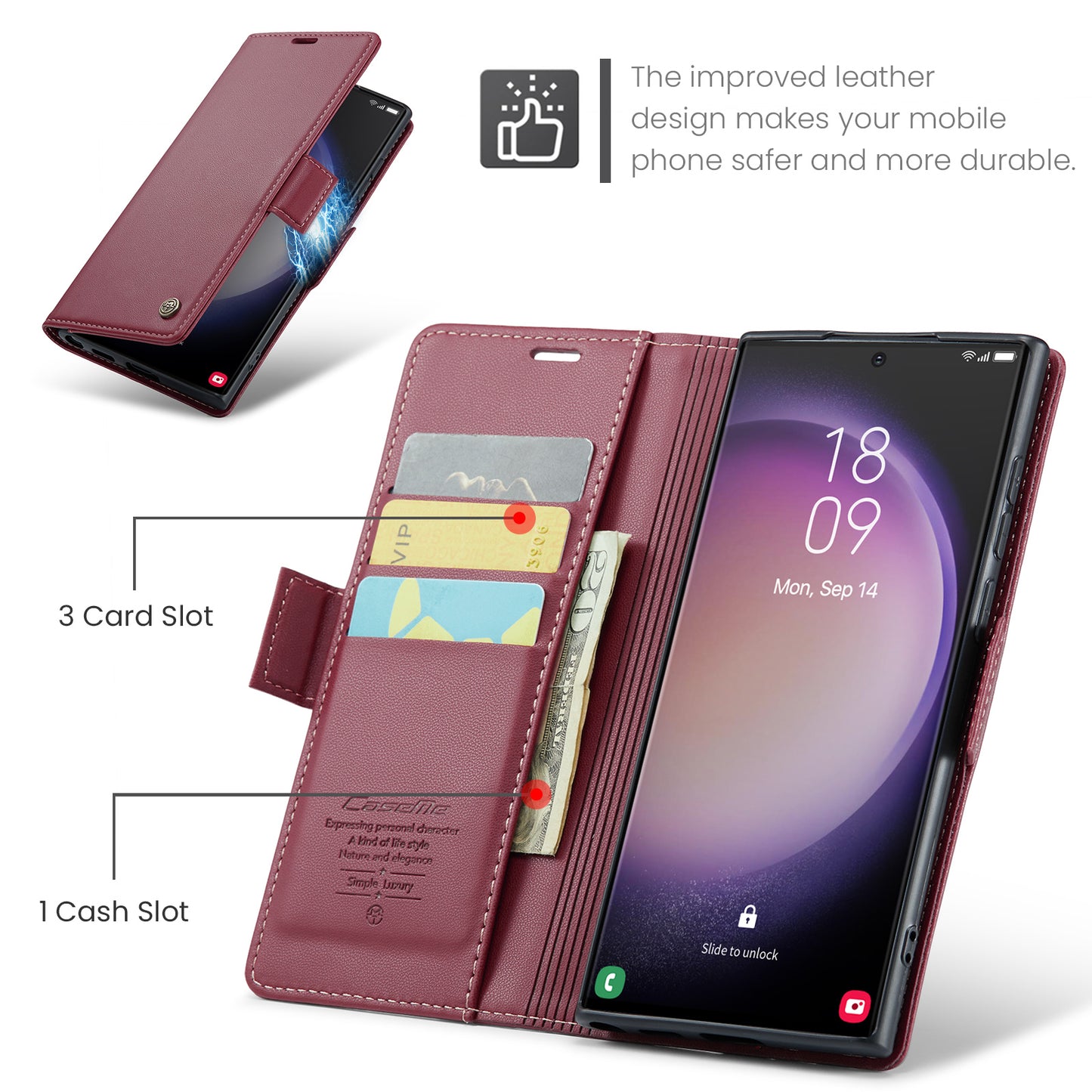 CASEME 023 Series For Samsung Galaxy S24 Ultra Case Glossy Litchi Texture Stand Phone Cover - Red