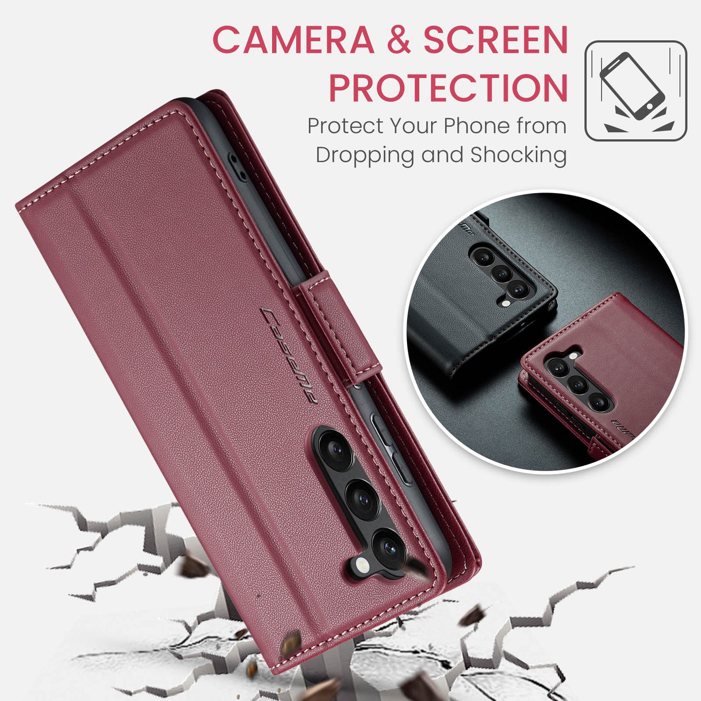 CASEME 023 Series For Samsung Galaxy S24 Case PU Leather RFID Blocking Smart Phone Protector - Red