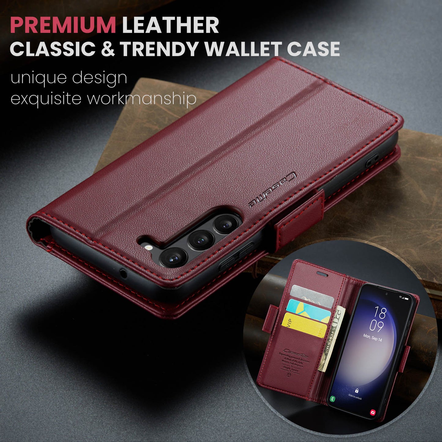 CASEME 023 Series For Samsung Galaxy S24 Case PU Leather RFID Blocking Smart Phone Protector - Red