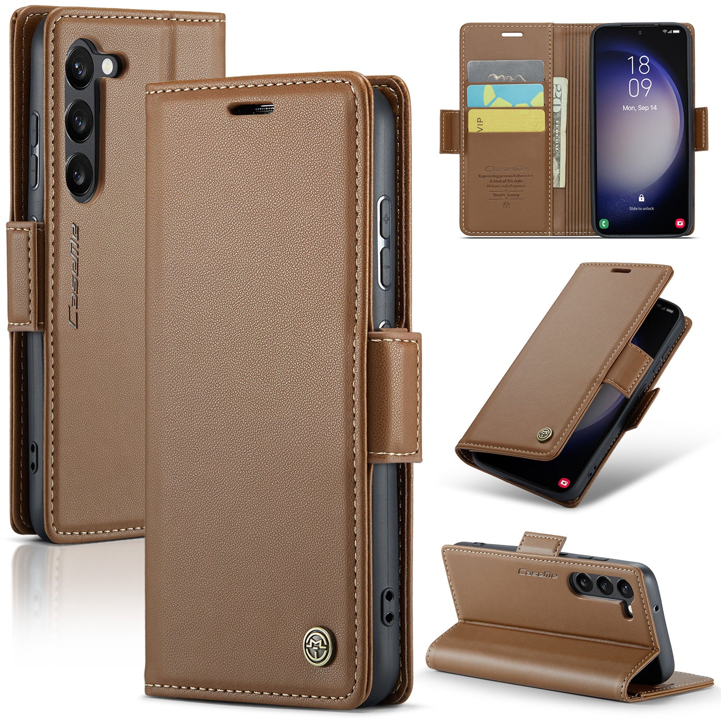 CASEME 023 Series For Samsung Galaxy S24 Case PU Leather RFID Blocking Smart Phone Protector - Brown