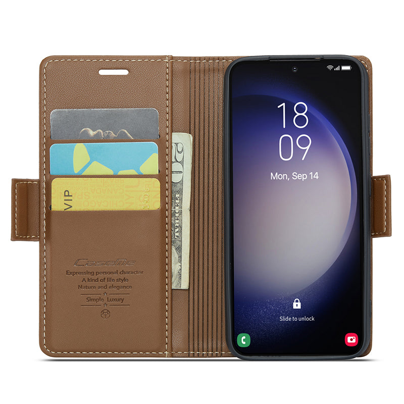 CASEME 023 Series For Samsung Galaxy S24 Case PU Leather RFID Blocking Smart Phone Protector - Brown