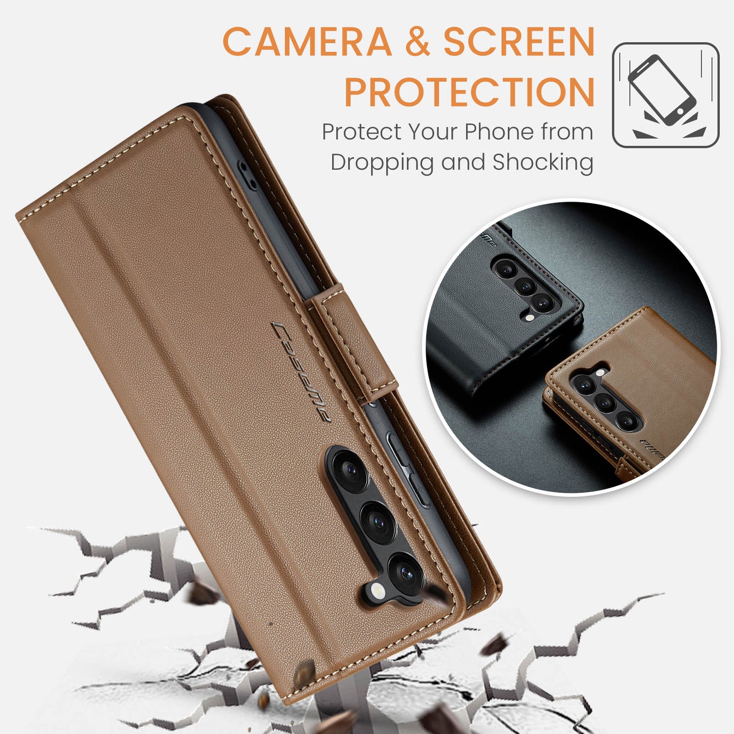 CASEME 023 Series For Samsung Galaxy S24 Case PU Leather RFID Blocking Smart Phone Protector - Brown