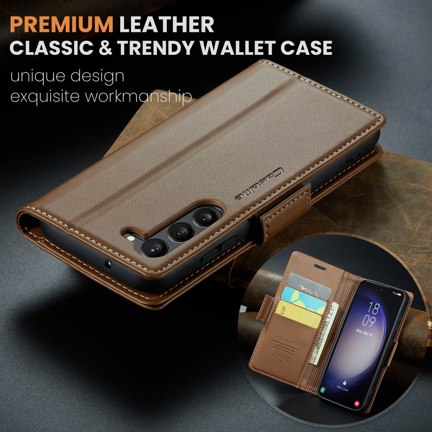 CASEME 023 Series For Samsung Galaxy S24 Case PU Leather RFID Blocking Smart Phone Protector - Brown