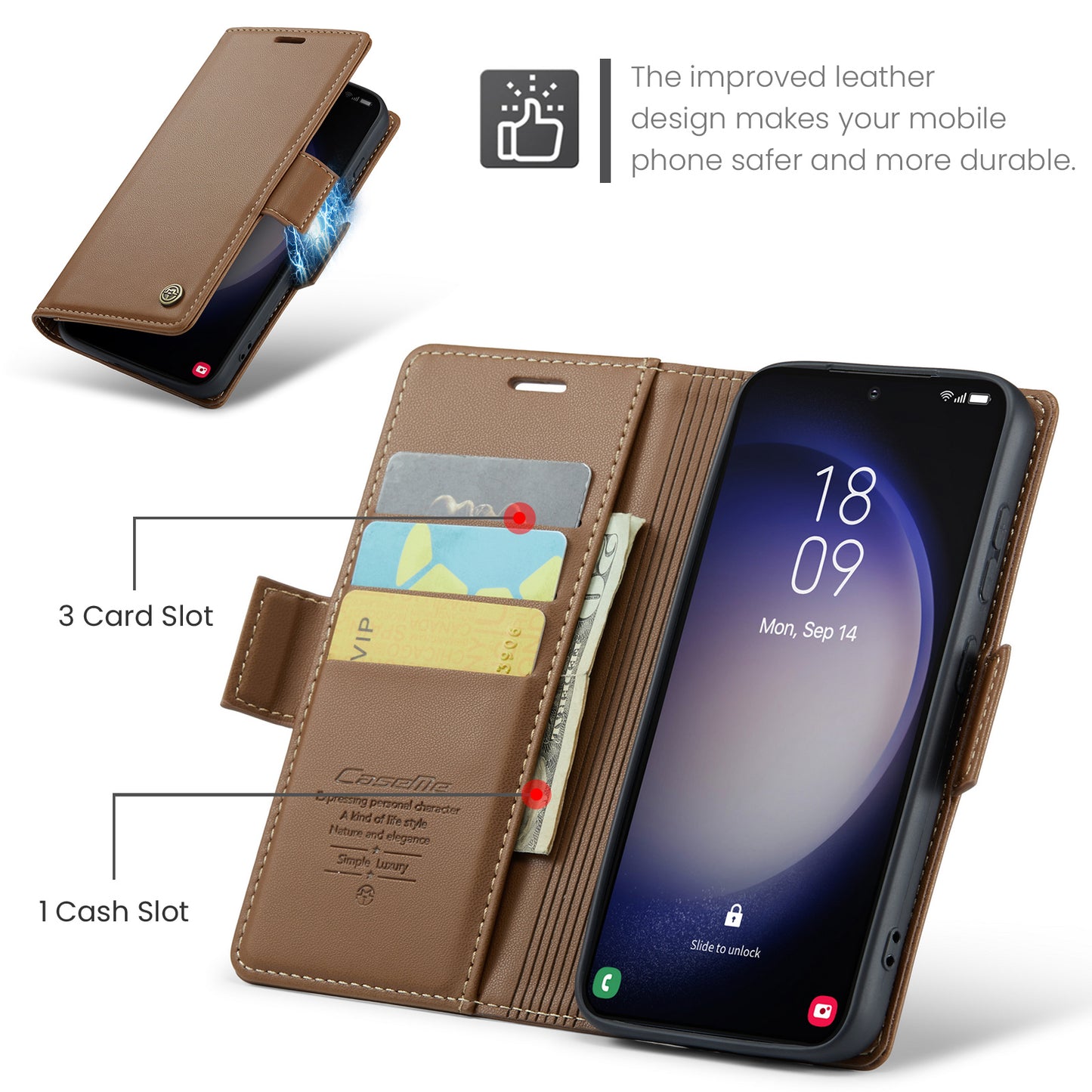 CASEME 023 Series For Samsung Galaxy S24 Case PU Leather RFID Blocking Smart Phone Protector - Brown