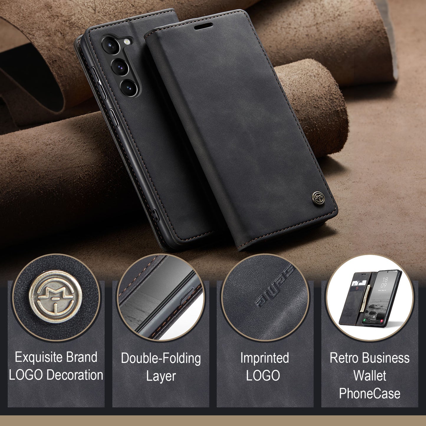 CASEME 013 Series For Samsung Galaxy S24+ Case PU Leather Wallet Mobile Phone Protector - Black