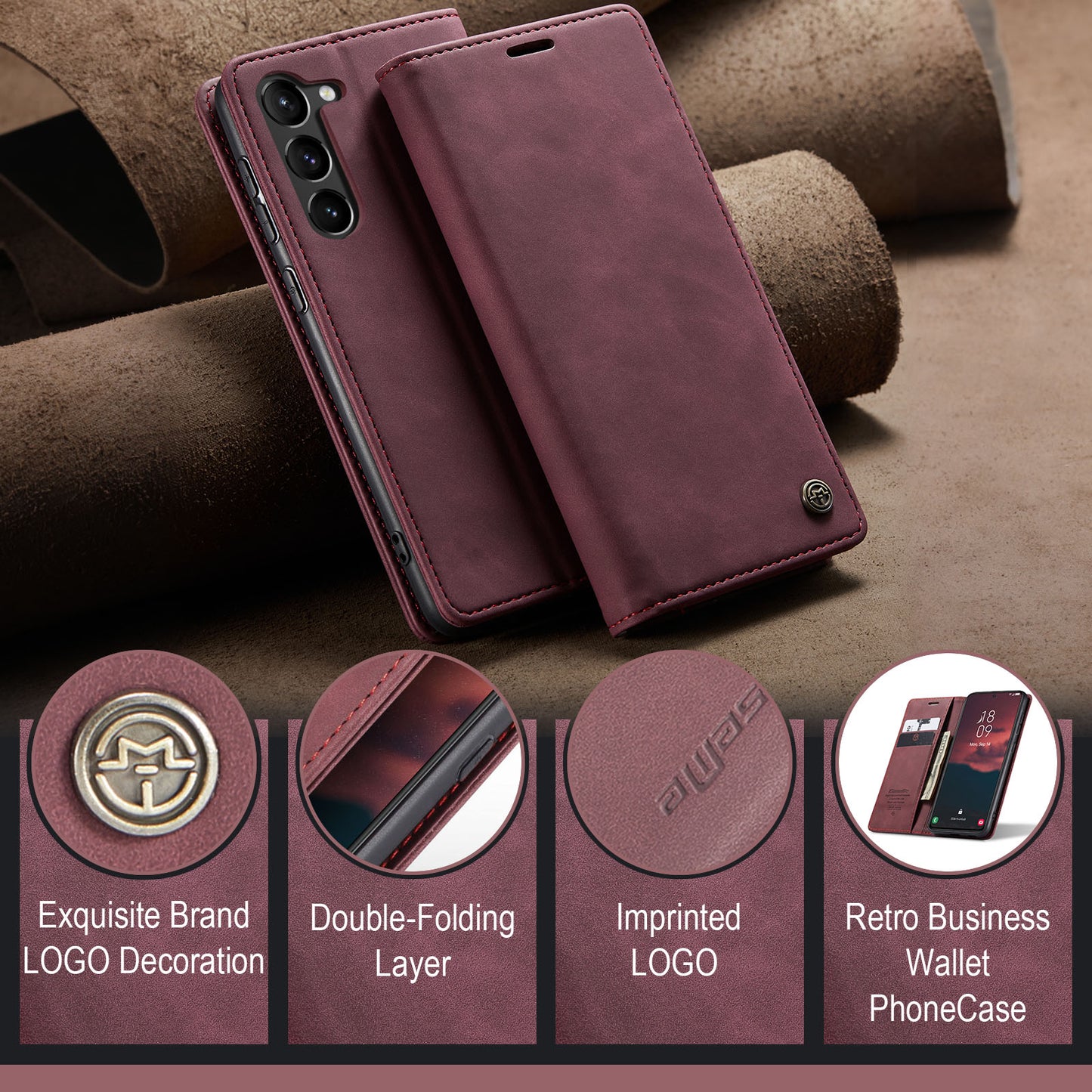 CASEME 013 Series For Samsung Galaxy S24+ Case PU Leather Wallet Mobile Phone Protector - Red