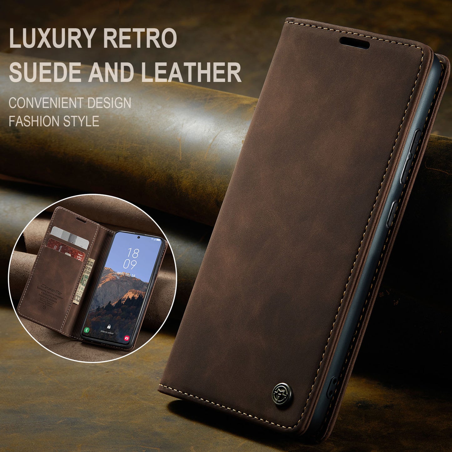 CASEME 013 Series For Samsung Galaxy S24+ Case PU Leather Wallet Mobile Phone Protector - Coffee