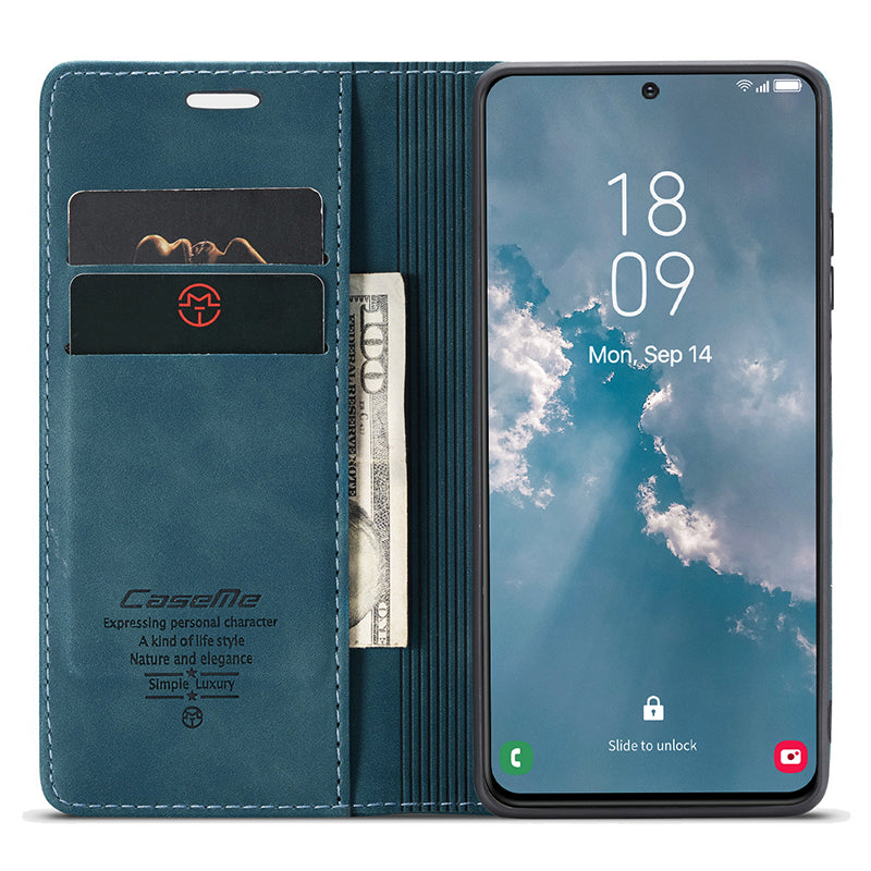 CASEME 013 Series For Samsung Galaxy S24 Case Anti-drop PU Leather Stand Cellphone Protector - Blue